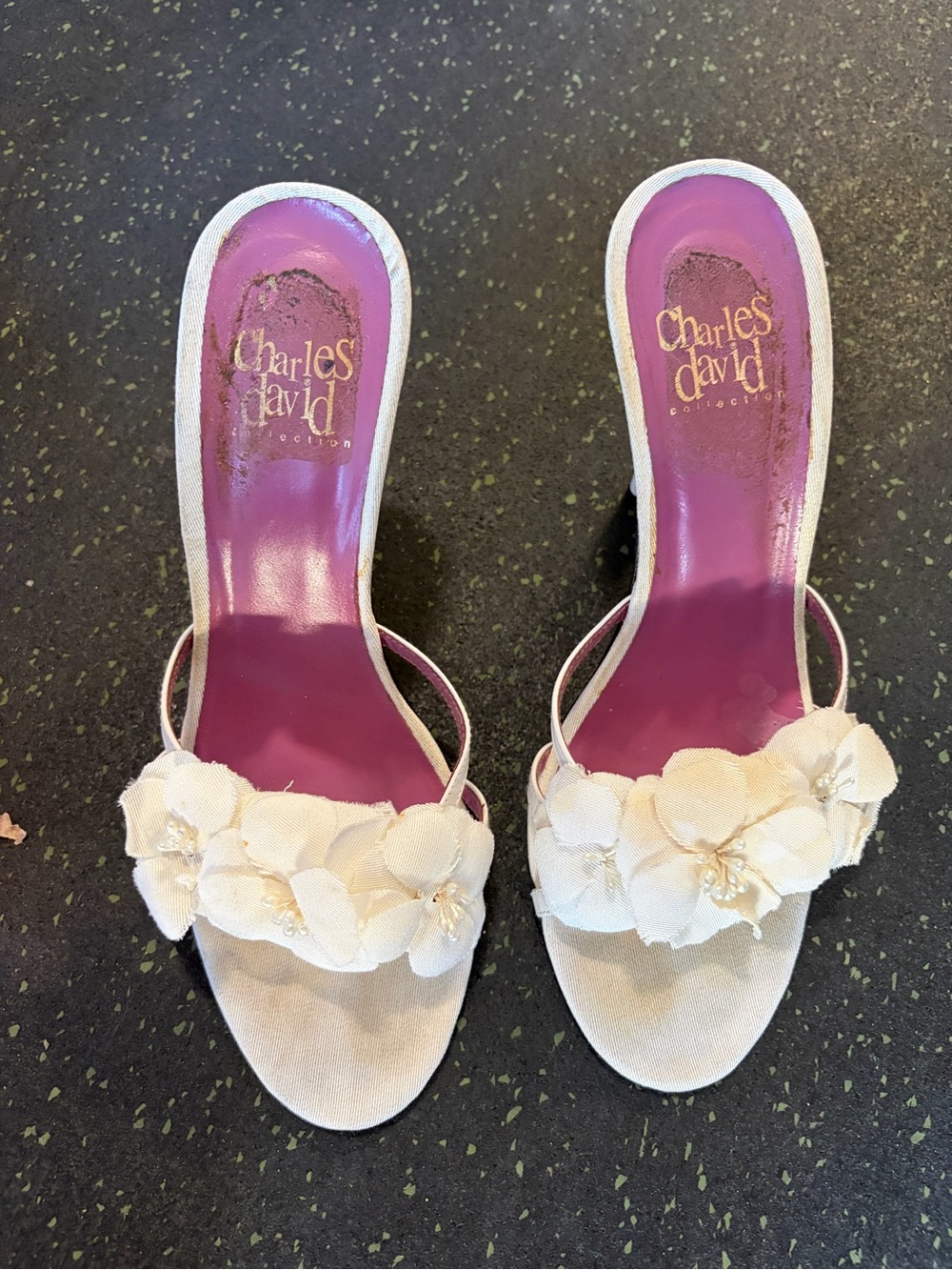 Charles David Cream Floral Pearl Bridal Wedding Slide Heels with Pink Insole 8